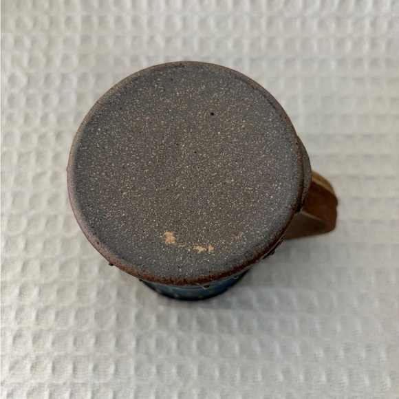 Beautiful Handmade Pottery Mug In Blue, Brown & Gray With Raised Dots And Swirls - Picture 6 of 7